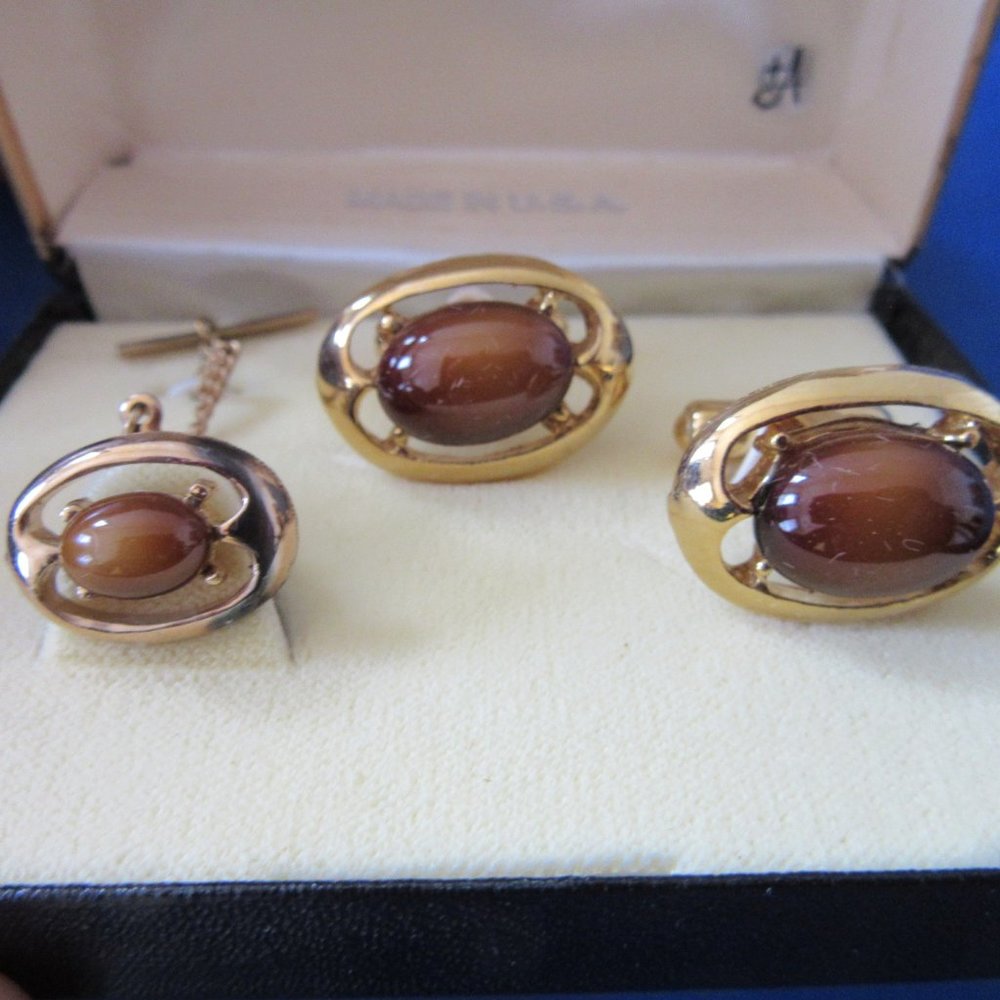 Anson tiger eye cufflink and tie pin set Men